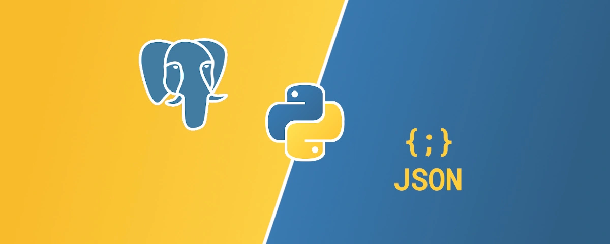 Illustration mettant en avant PostgreSQL, Python et JSON, combinant les couleurs bleues et jaunes des logos officiels pour symboliser l'intégration de ces technologies dans la gestion de données à structure variable.