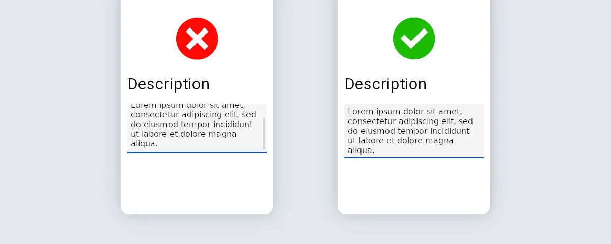 Comparaison de deux textareas : l'un sans redimensionnement automatique nécessitant un défilement manuel, l'autre s'ajustant automatiquement à la hauteur du contenu.