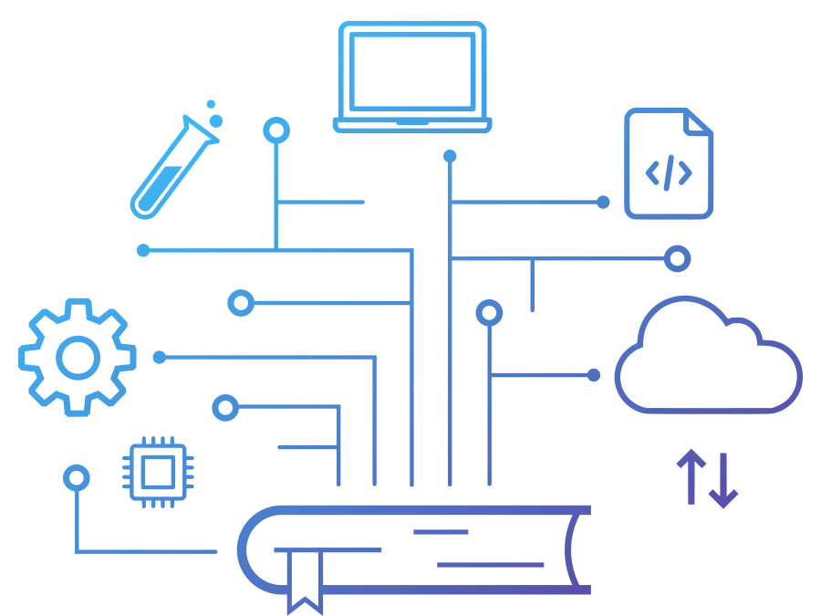 Illustration 2D stylisée en icône représentant un livre, avec un fichier de code, des symboles technologiques (comme un CPU, une roue dentée et un cloud) s'échappant du livre, symbolisant les concepts et idées de programmation qui prennent vie.