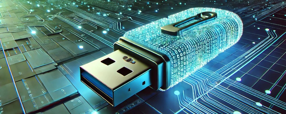 Une clé USB composée d’éléments numériques dans un environnement abstrait de type cyberespace.