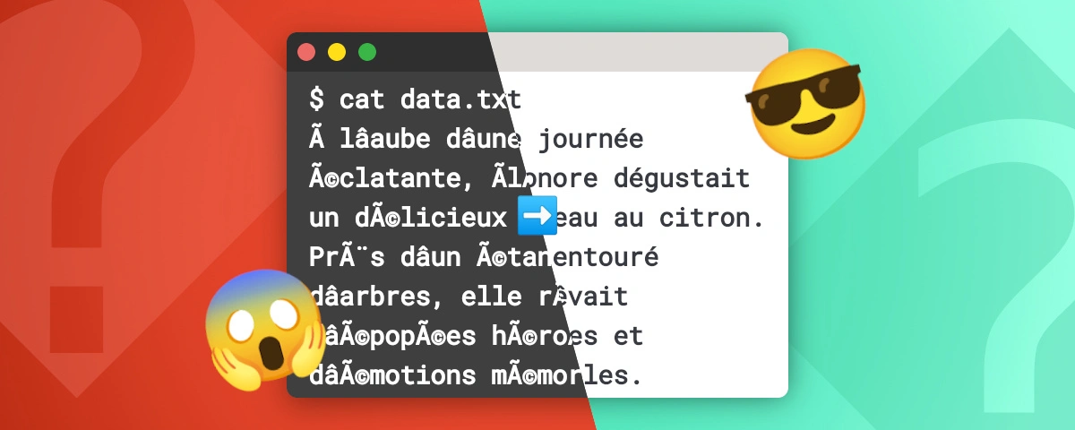 Illustration montrant un fichier texte mal encodé avec des caractères étranges et des � à gauche (emoji horrifié) et un fichier correctement encodé avec du texte lisible à droite (emoji lunettes de soleil), symbolisant la correction des problèmes d'encodage.