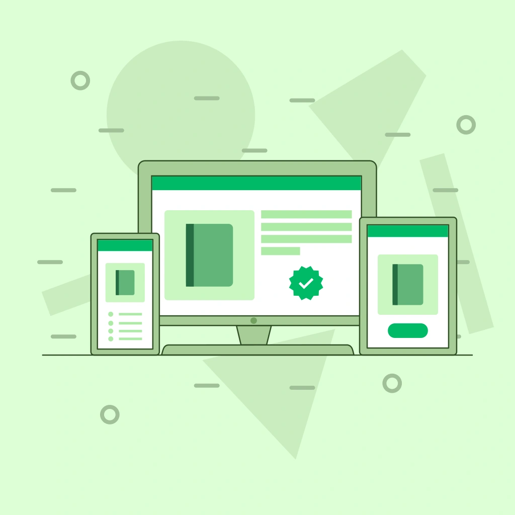 Illustration flat d'un smartphone, d'un PC et d'une tablette naviguant sur des sites de ventes certifiés, symbolisant la sécurité et l'accessibilité des achats en ligne sur différents appareils.