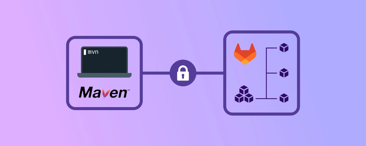 Illustration d'un ordinateur portable exécutant des commandes Maven et qui télécharge des paquets depuis un GitLab Registry