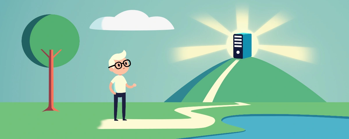 Illustration en style cartoon : un personnage avec des lunettes au bas d'un chemin en zig-zag montant vers une colline. Au sommet, une tour de serveur émet une lumière étoilée. Un arbre se trouve à gauche et un lac à droite.