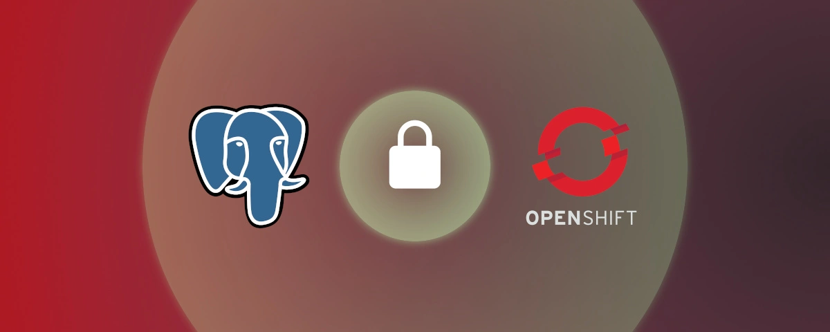 Illustration représentant la sécurité d'un serveur PostgreSQL SSL sur OpenShift. Un cadenas avec un effet de bouclier énergétique symbolise le chiffrement des données.