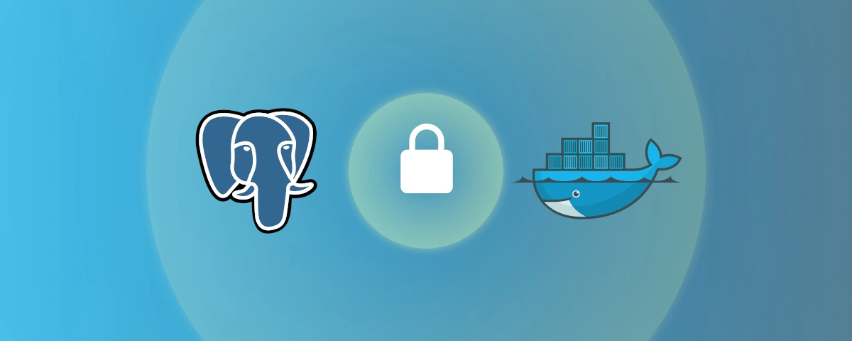 Illustration représentant la sécurité d'un serveur PostgreSQL SSL dans Docker. Un cadenas avec un effet de bouclier énergétique symbolise le chiffrement des données.
