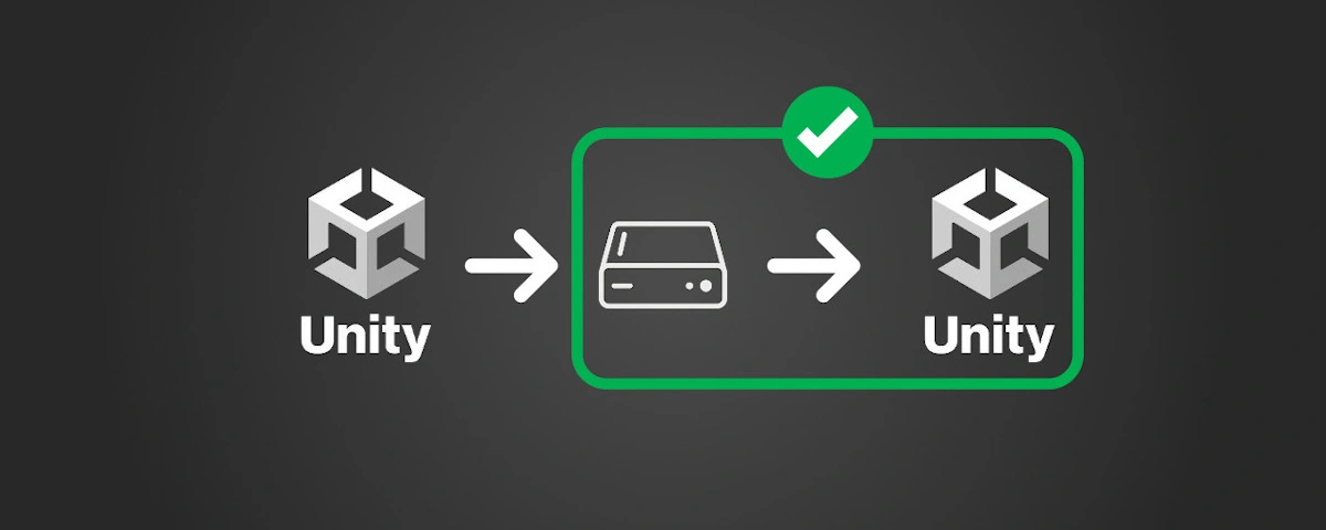 Illustration en flat design représentant le chemin d'une scène Unity vers un disque dur, puis un retour vers la scène Unity. Un cadre vert entoure la seconde partie du chemin qui correspond à la restauration depuis le disque.