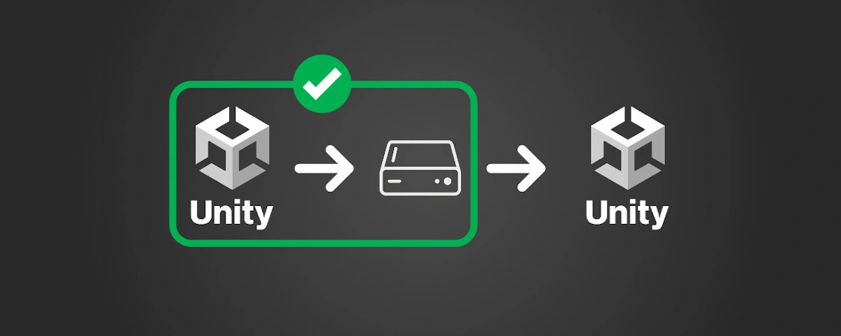 Illustration en flat design représentant le chemin d'une scène Unity vers un disque dur, puis un retour vers la scène Unity. Un cadre vert entoure la première partie du chemin qui correspond à la sauvegarde.