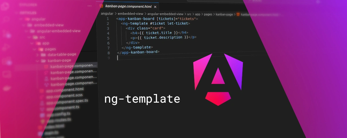 Capture d'écran d'un IDE présentant un extrait de code utilisant ng-template avec la mise en avant du logo Angular