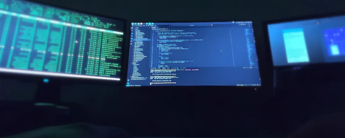 Photo d'un développeur en train de coder face à trois écrans affichant un IDE, des commandes dans un terminal et un émulateur de téléphone.
