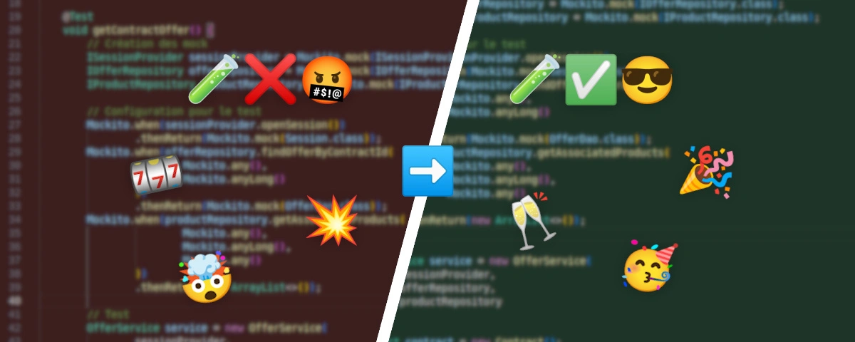 Image illustrant la transformation d’un code legacy non testable en code refactoré et testable : à gauche, des emojis négatifs (colère, explosion, loterie) symbolisent les difficultés du code legacy ; à droite, des emojis positifs (fête, réussite, détente) représentent la réussite après refactoring, sur fond d’IDE flouté.