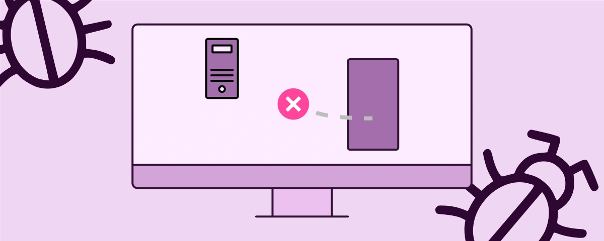 Illustration montrant un écran d'ordinateur sur lequel on voit un serveur et l'émulateur Android. La tentative de connexion HTTP vers le serveur est en échec.