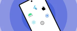 Logo des différentes technologies permettant de développer des applications mobiles affichés dans un écran de smartphone avec un arrière plan composé de cercles de différentes tailles et de tintes bleues.