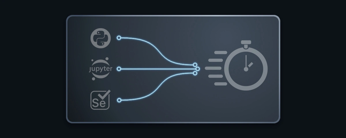 Illustration représentant un circuit imprimé. À gauche, les logos de Python, Jupyter (pour les notebooks) et Selenium sont connectés par des lignes lumineuses (circuits) qui convergent vers la droite. À droite, un logo d'horloge avec des traits symbolisant l'accélération du temps, indiquant un gain de rapidité. Le tout sur un fond sombre de carte mère.