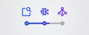 Illustration représentant un fil d’Ariane composé de trois icônes : données à la loupe (feature-search), un réseau de neurones (neural network) et un graphique (chart), reliées par un dégradé bleu-violet sur un fond gris, avec une coche indiquant l’étape 1 et 2 comme validée.