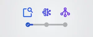 Illustration représentant un fil d’Ariane composé de trois icônes : données à la loupe (feature-search), un réseau de neurones (neural network) et un graphique (chart), reliées par un dégradé bleu-violet sur un fond gris, avec une coche indiquant l’étape 1 comme validée.