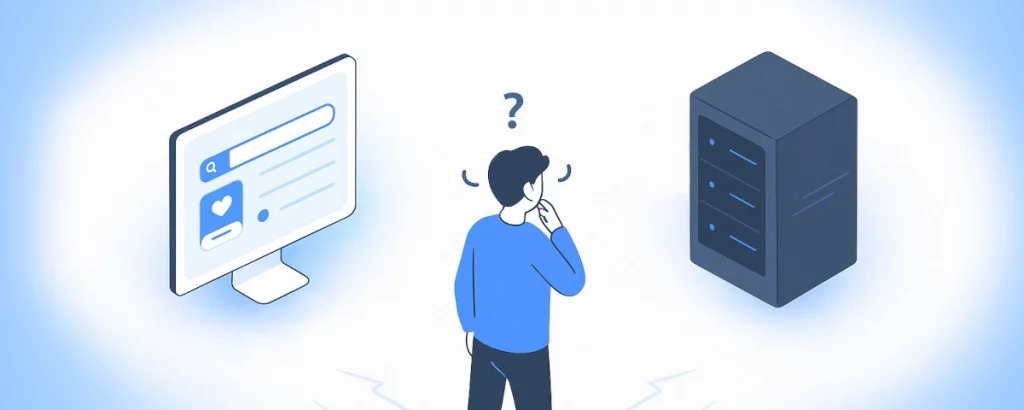 Personnage indécis à un carrefour entre frontend (représenté par un écran) et backend (représenté par un serveur), style isométrique moderne