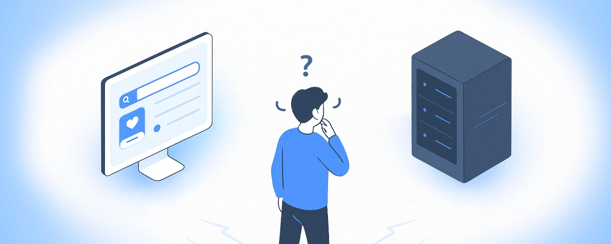 Personnage indécis à un carrefour entre frontend (représenté par un écran) et backend (représenté par un serveur), style isométrique moderne