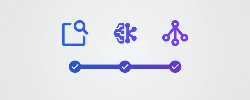 Illustration représentant un fil d’Ariane composé de trois icônes : données à la loupe (feature-search), un réseau de neurones (neural network) et un graphique (chart), reliées par un dégradé bleu-violet sur un fond gris, avec une coche indiquant l'ensemble des étapes validées