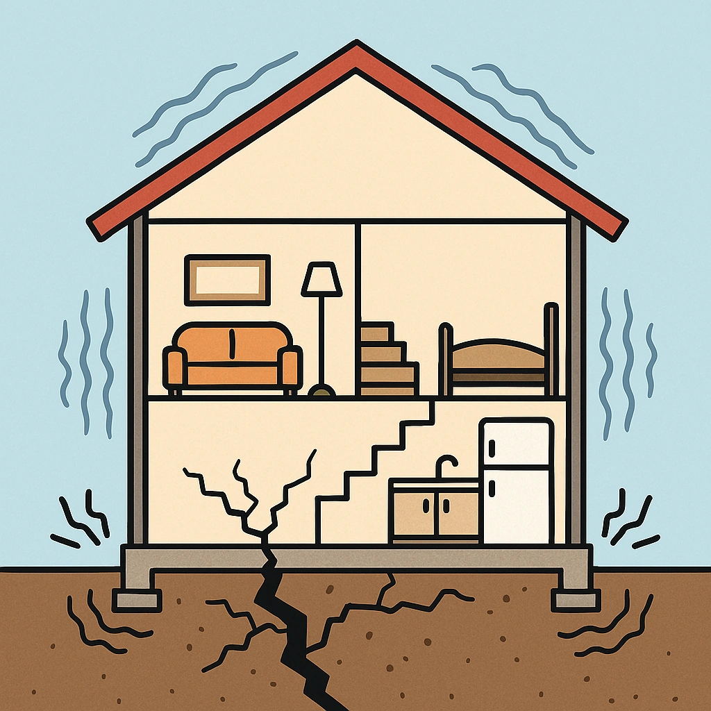 Illustration 2D d'une maison en coupe en train de trembler à cause de fondations fissurées permettant d'imager le cas d'un développeur frontend ou backend sans un socle solide