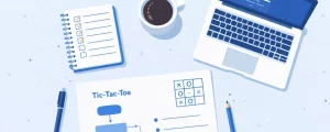 Illustration d’un bureau vu de dessus avec un ordinateur portable, des notes de conception d’un programme tic-tac-toe, une todo list et un café, représentant un projet de programmation pour débutant et l’apprentissage par la pratique.