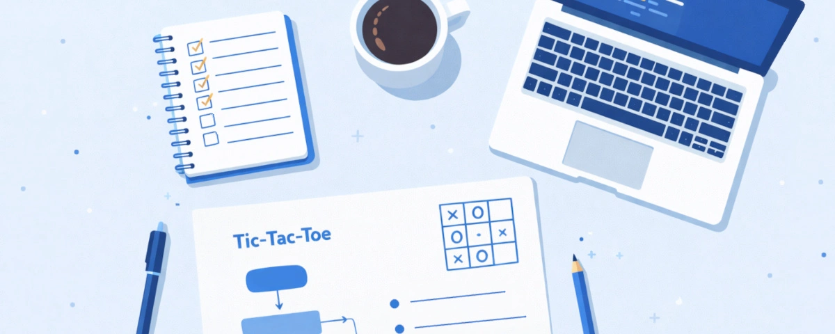 Illustration d’un bureau vu de dessus avec un ordinateur portable, des notes de conception d’un programme tic-tac-toe, une todo list et un café, représentant un projet de programmation pour débutant et l’apprentissage par la pratique.