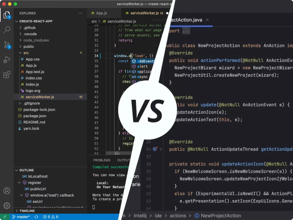 Image composée de deux parties séparées verticalement par une barre blanche et le mot VS pour mettre en opposition deux outils de développement. A gauche, une capture d'écran d'un éditeur de code. A droite, une capture d'écran d'un IDE.