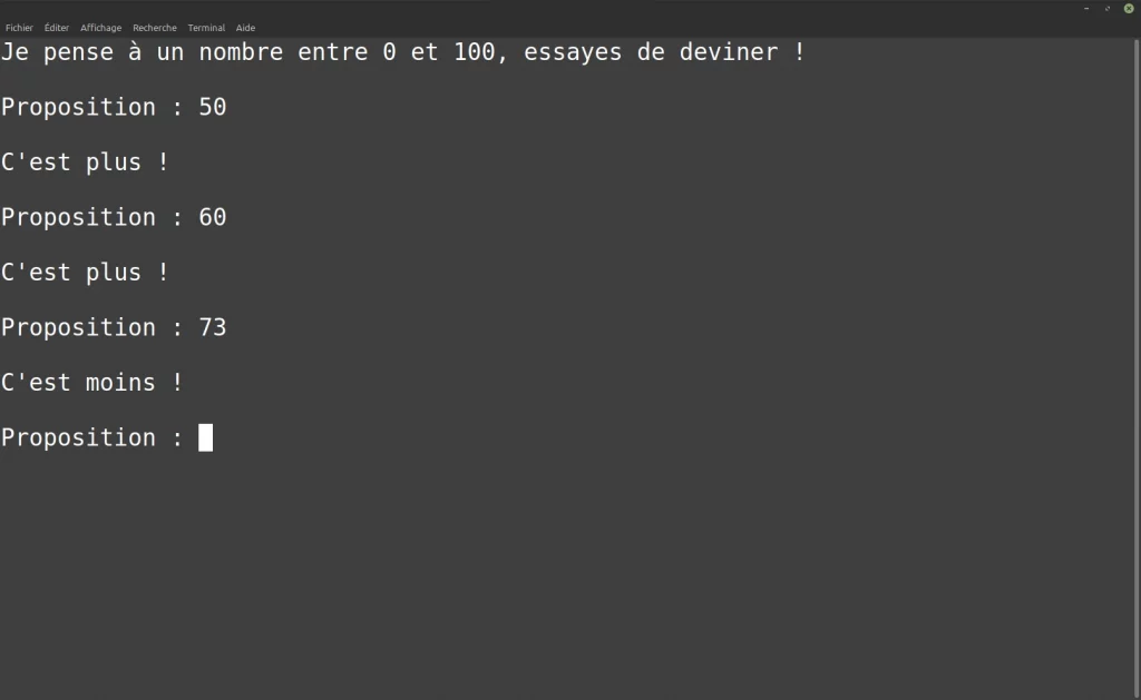 Capture d'écran du projet de programmation du juste prix, un exercice parfait pour les débutants