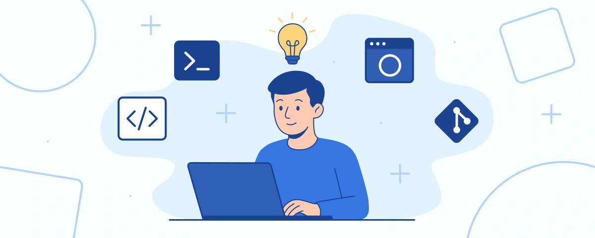 Illustration d’un débutant apprenant à programmer devant un ordinateur portable, avec un éditeur de code simple et les outils essentiels du développeur (éditeur de code, terminal, navigateur, Git), représentant les outils pour débuter en programmation.