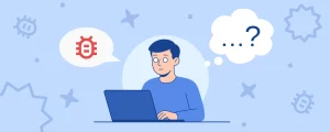 Illustration d'un développeur débutant perplexe devant son ordinateur portable avec une bulle de dialogue affichant un bug et une bulle de pensée exprimant l'incompréhension.
