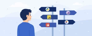 Illustration d’un débutant de profil regardant plusieurs directions avec les logos de langages de programmation, symbolisant le choix de son premier langage pour apprendre à coder