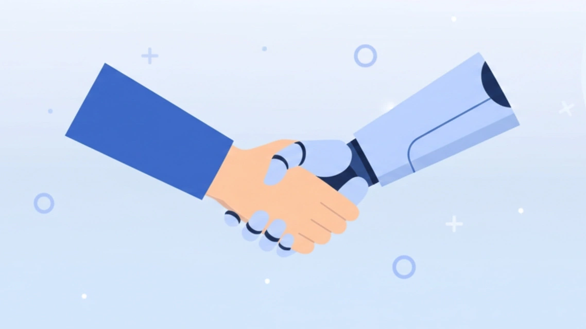 Illustration flat design d'une poignée de main entre un humain et un robot, symbolisant l'IA comme copilote pour apprendre la programmation efficacement