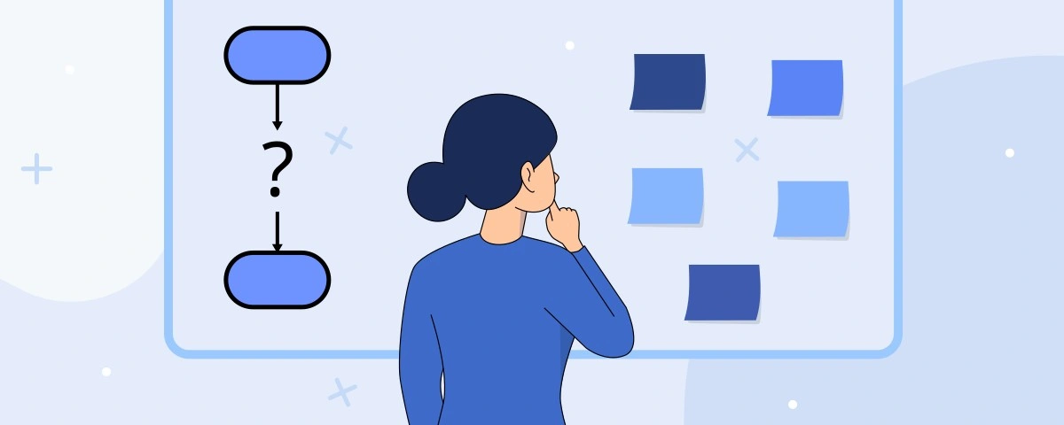 Illustration d'une personne réfléchissant à un schéma logique pour apprendre l'algorithmique, une étape essentielle pour tout débutant qui souhaite commencer à coder et programmer sereinement.