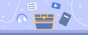 Illustration en flat design d'un coffre au trésor bleu libérant des ressources gratuites pour apprendre à coder : vidéos, podcast, exercices de programmation et livre de cours.